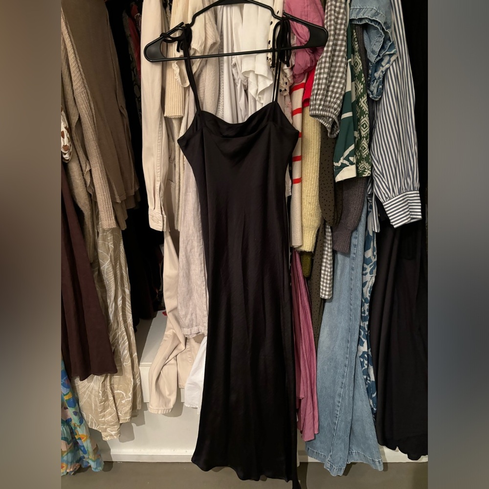 Black Shoulder Tie Satin Dress